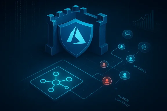 Blue digital fortress with a shield emblem guarding API calls and admin consent.