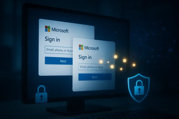 Overlapping Microsoft Sign in prompts on a monitor with a blue security shield icon.