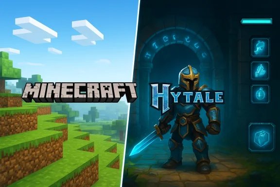 Split-screen game banner: Minecraft on the left, a knight in a dungeon for Hy Tale on the right.