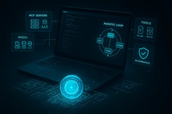 Laptop displaying holographic AI agent loop diagram with governance and tools icons.