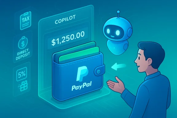 A futuristic PayPal wallet interface shows $1,250.00 as Copilot guides a user.