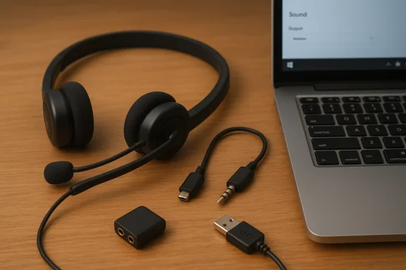 A black wired headset with a mic and USB adapters rests on a wooden desk beside a laptop.