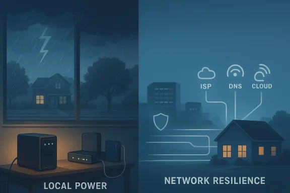 Split view: local power hardware on the left and network resilience icons over a city on the right.