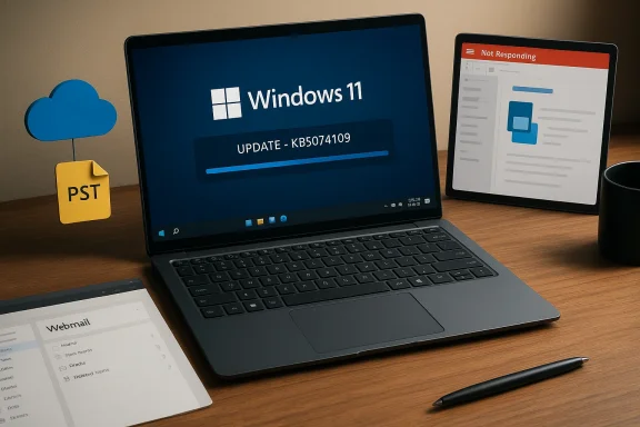A laptop shows Windows 11 update in progress, flanked by cloud and document icons on a desk.