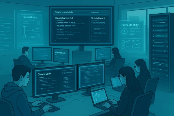 A team of programmers works in a high-tech control room with multiple monitors and server racks.