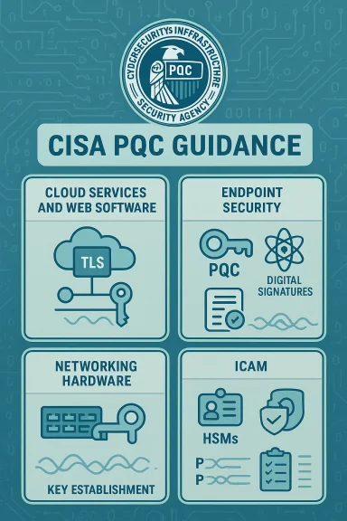 CISA PQC Guidance poster outlining cloud, endpoint security, networking hardware, and ICAM.