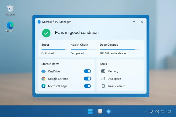 Windows-style desktop with a PC Manager window stating “PC is in good condition.” Windows-style desktop with a PC Manager window stating “PC is in good condition.”