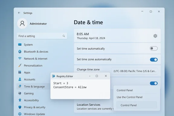 Windows-style Settings screen showing Date & time with auto toggles and a floating Registry Editor pane.