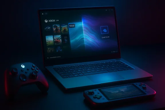 Neon-lit gaming setup: laptop displaying Xbox UI, plus a controller and a handheld console. Neon-lit gaming setup: laptop displaying Xbox UI, plus a controller and a handheld console.