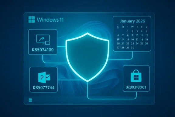 Windows 11 security dashboard featuring a glowing shield with a calendar and app tiles.