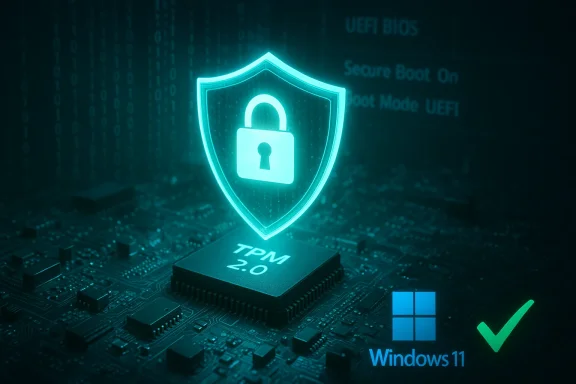 Glowing shield with a padlock hovers over a TPM 2.0 chip on a motherboard, signaling Windows 11 security.
