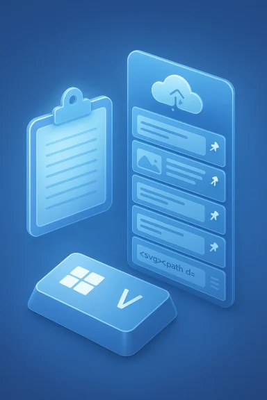 Blue isometric illustration of a clipboard and a cloud-upload UI beside a tile-styled panel.