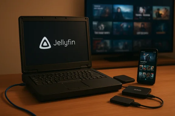 Jellyfin media server setup with laptop, smartphone, and external drives on a desk.