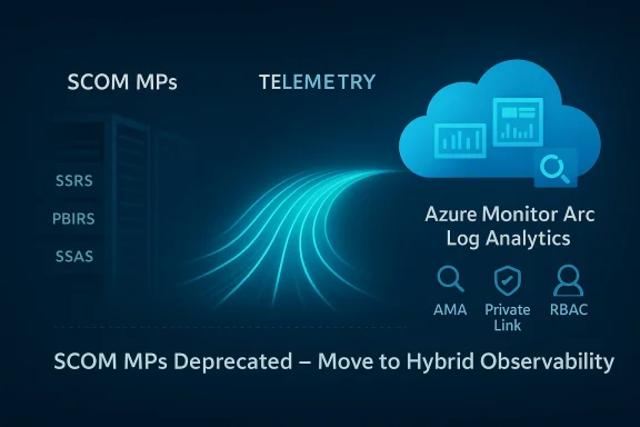 SCOM MPs deprecated; move to Hybrid Observability with Azure Monitor Arc Log Analytics.