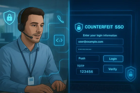 A support agent with a headset types login details on a futuristic holographic SSO screen.