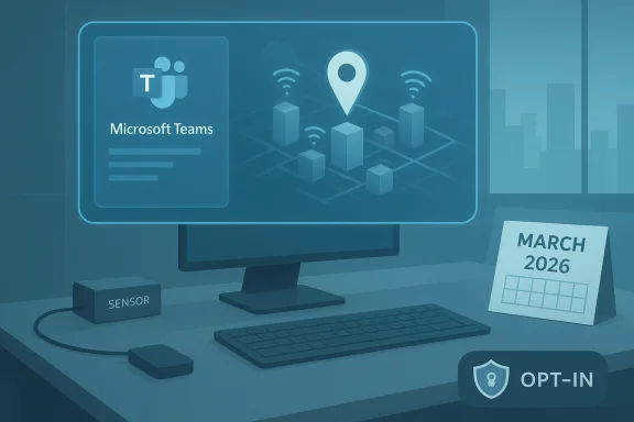 A computer monitor displays Microsoft Teams UI on a blue desk with a sensor box and a March 2026 calendar.