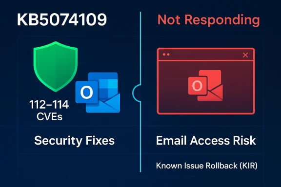 KB5074109: security fixes on the left; Outlook not responding with email access risk on the right.