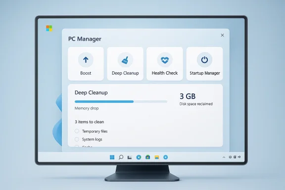 A PC Manager window on a monitor, showing Boost, Deep Cleanup, Health Check, and Startup Manager. A PC Manager window on a monitor, showing Boost, Deep Cleanup, Health Check, and Startup Manager.