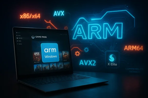 Laptop shows ARM Windows on Game Pass with neon ARM/AVX background. Laptop shows ARM Windows on Game Pass with neon ARM/AVX background.