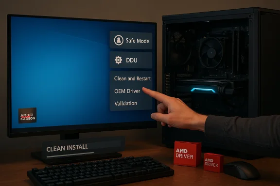 A hand selects “OEM Driver” in Safe Mode on a desktop PC during a clean install.