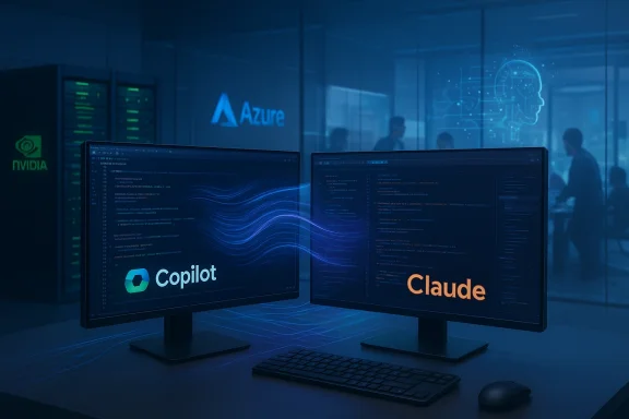 Two monitors display AI coding with Copilot and Claude in a blue Azure data center.