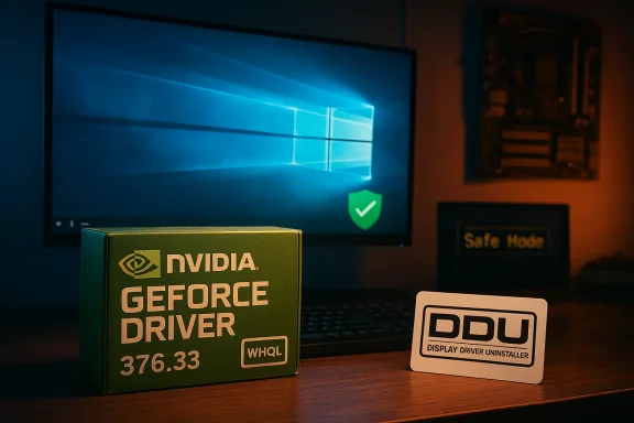 NVIDIA GeForce driver box and DDU card sit on a desk before a Windows PC monitor.