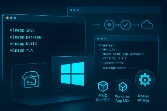 Blue futuristic diagram of Windows app development steps with MSIX, Windows App SDK, and open source.