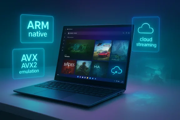 A laptop displays a game library with ARM native, AVX AVX2 emulation, and cloud streaming icons.