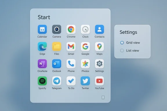 Stylized smartphone home screen with app icons and a floating Settings panel showing grid or list view.