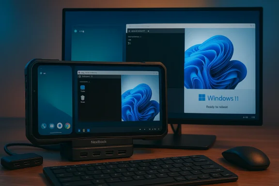 Windows 11 setup with a NexDock tablet dock in front of a larger monitor, keyboard, and mouse.