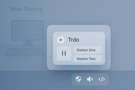 Blue-toned Now Playing card UI showing Trdo with Station One and Station Two.