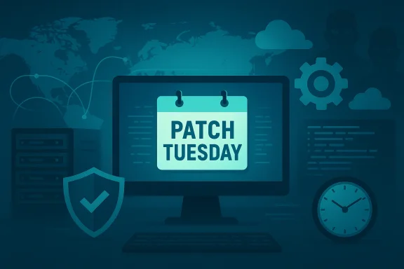 A computer monitor displays a calendar reading PATCH TUESDAY in a tech-security themed scene. A computer monitor displays a calendar reading PATCH TUESDAY in a tech-security themed scene.
