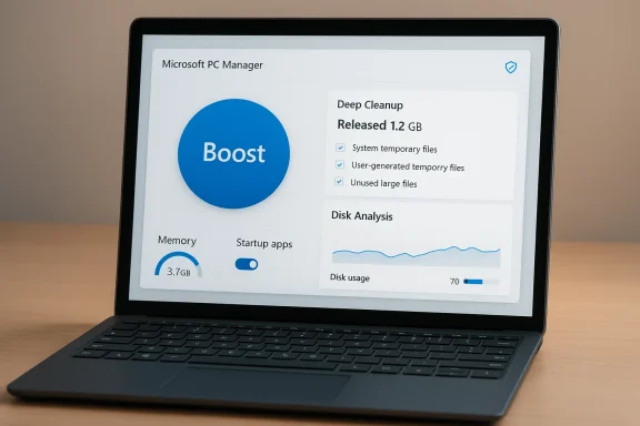 Laptop screen displaying Microsoft PC Manager with a large Boost button and disk analysis panels. Laptop screen displaying Microsoft PC Manager with a large Boost button and disk analysis panels.