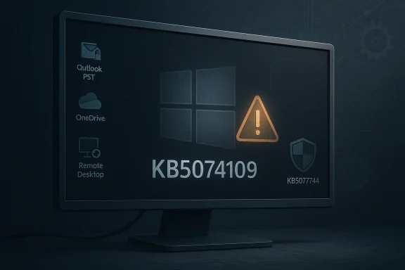 A computer monitor shows a Windows warning with update KB5074109 and a triangle alert.