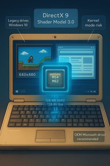 Infographic of a retro laptop showing DirectX 9 Shader Model 3.0 and a glowing MS4 M62 chip.
