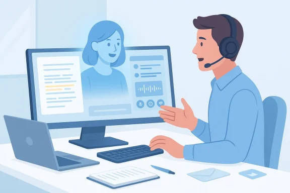 Customer support agent with headset chats with a client on a video call.