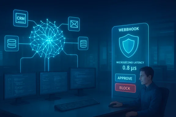 A security analyst monitors neon holographic screens showing data links, CRM, and webhook latency.