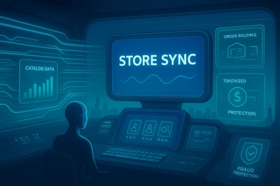 A futuristic command center displays STORE SYNC with data dashboards and protection panels.
