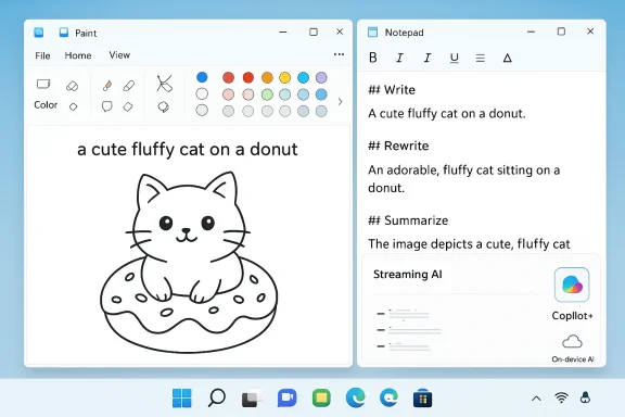 A cute fluffy cat sitting on a donut drawn in Paint, with a Notepad document open beside.