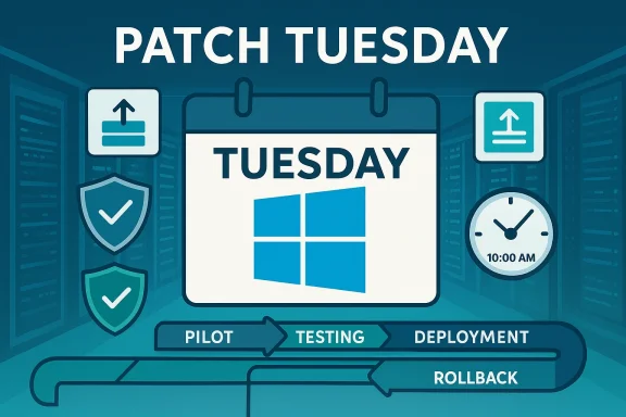 Patch Tuesday infographic showing a Tuesday calendar, Windows update, and deployment pipeline. Patch Tuesday infographic showing a Tuesday calendar, Windows update, and deployment pipeline.