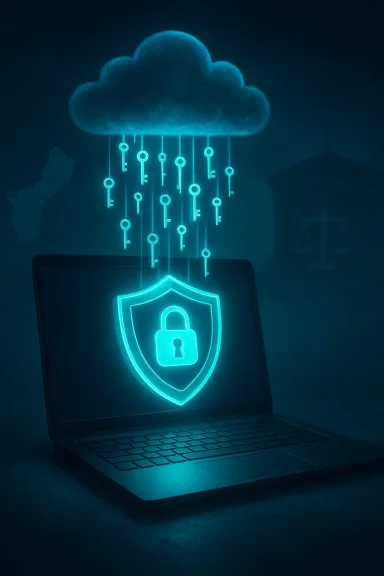 Neon cloud above a laptop, with hanging keys forming a shielded lock symbol. Neon cloud above a laptop, with hanging keys forming a shielded lock symbol.