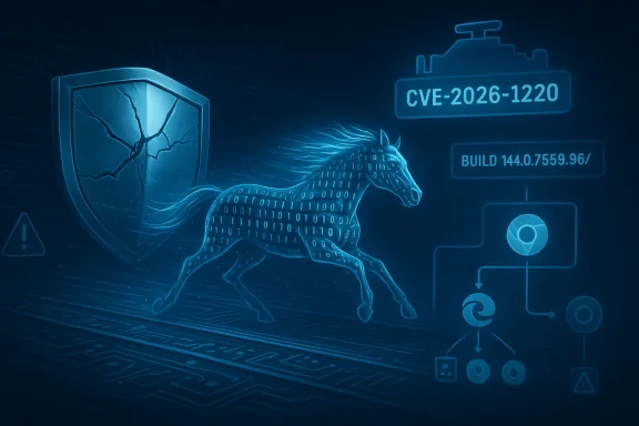 A glowing blue cyberhorse made of binary beside a cracked shield and cyber schematics.