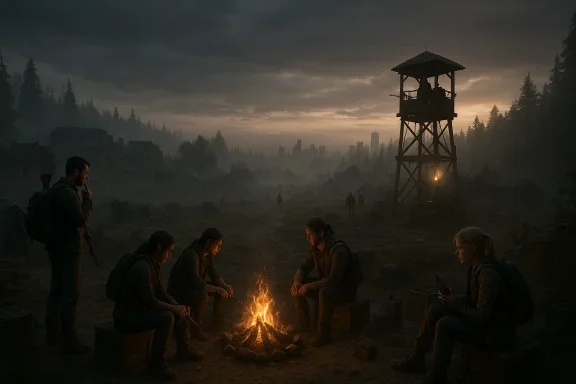 Survivors sit around a campfire in a ruined, foggy town at dusk.