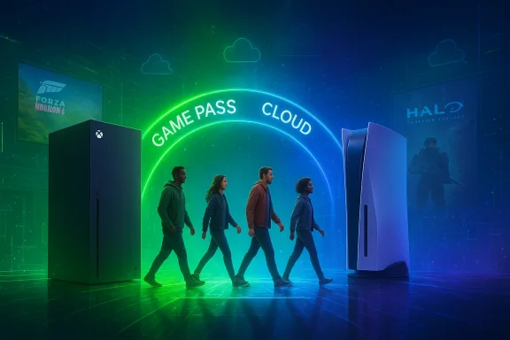 People walk through a neon arch labeled 'Game Pass Cloud' between an Xbox Series X and a PS5-like console.