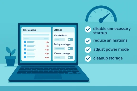 A laptop on a desk displays task manager and settings panels with startup optimization tips.
