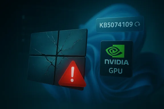 Cracked Windows tiles with a red warning icon, beside an NVIDIA GPU badge.