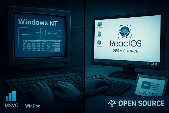 Split-screen showing Windows NT kernel on the left and ReactOS open-source on the right.