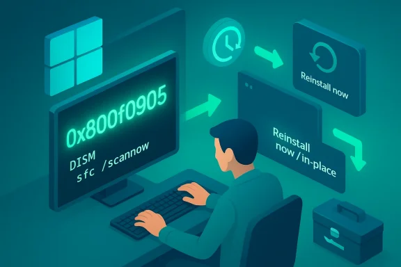 A person at a computer troubleshooting Windows repair with DISM and reinstall options.