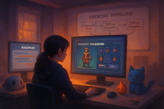 A person designs a game character and wardrobe on a glowing monitor in a cozy, toy-filled workspace.