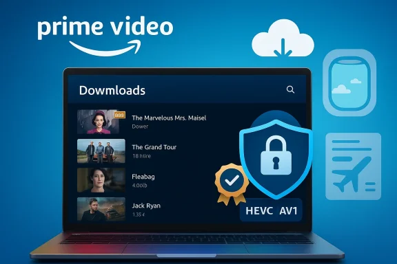 A laptop screen displays Prime Video downloads with a security shield, cloud icon, and download badges.